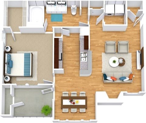 Floor plan for 1 bed, 1 bath, 909 sqft